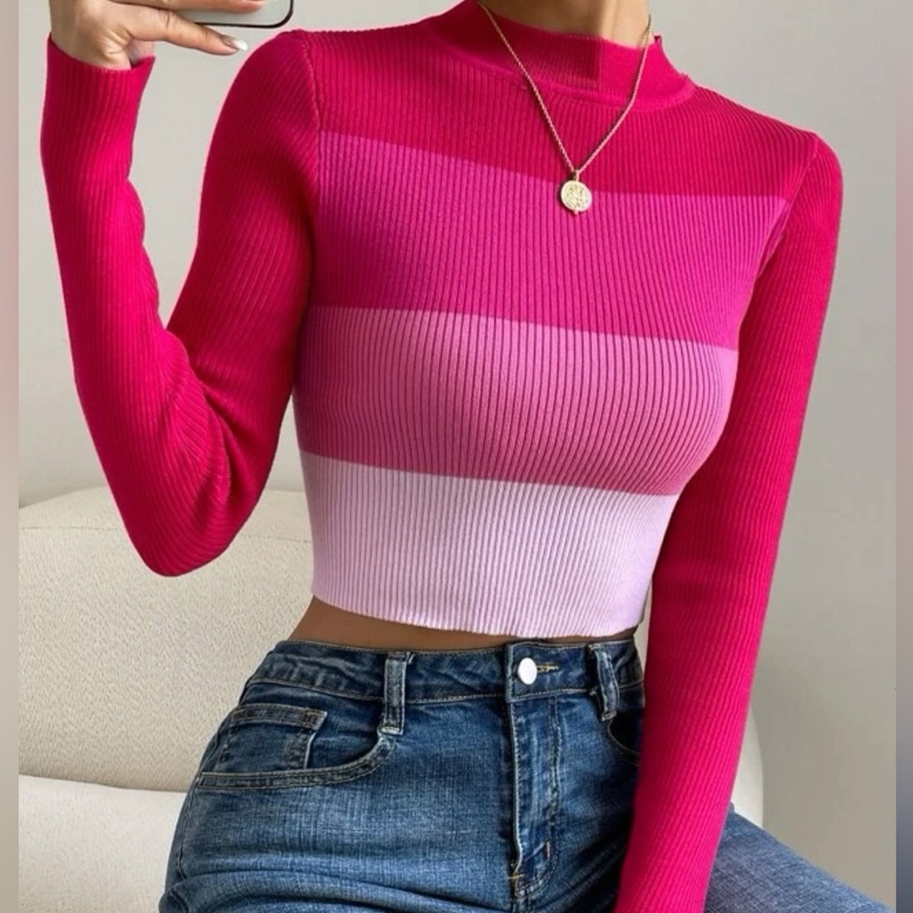 PRIVÉ CROP TOP JERSEY PINK MULTICOLOR BLOCK MOCK NECK SWEATER SIZE L (8-10)